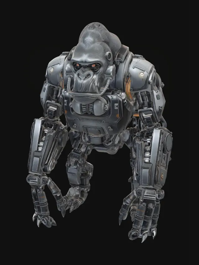 3D model for A massive cyberpunk mechanical silverback gorilla, standing bipedally in a symmetrical two-handed ground-pound stance, coiled to strike. Constructed from heavy matte-black steel plating and exposed chrome pistons on the arms and shoulders. A visible orange-glowing hydraulic fluid reservoir is exposed on its back, powering thick tension cables. Brutalist industrial sci-fi aesthetic, high-poly 3D mesh, realistic metallic PBR materials, neutral studio lighting on an isolated background.