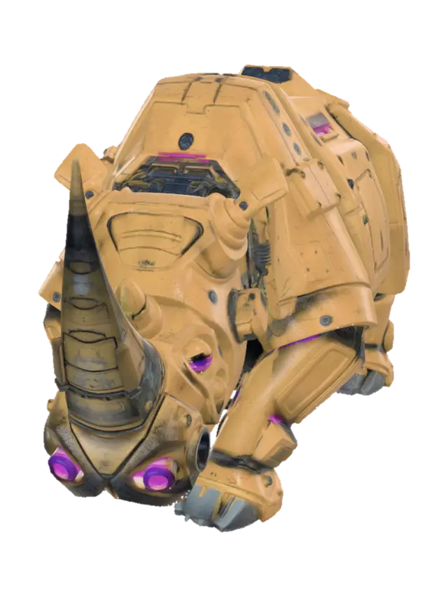 A massive cyberpunk rhinoceros, symmetrical resting stance. Heavy industrial yellow… - Vent 3D model, vytvořený pomocí AI