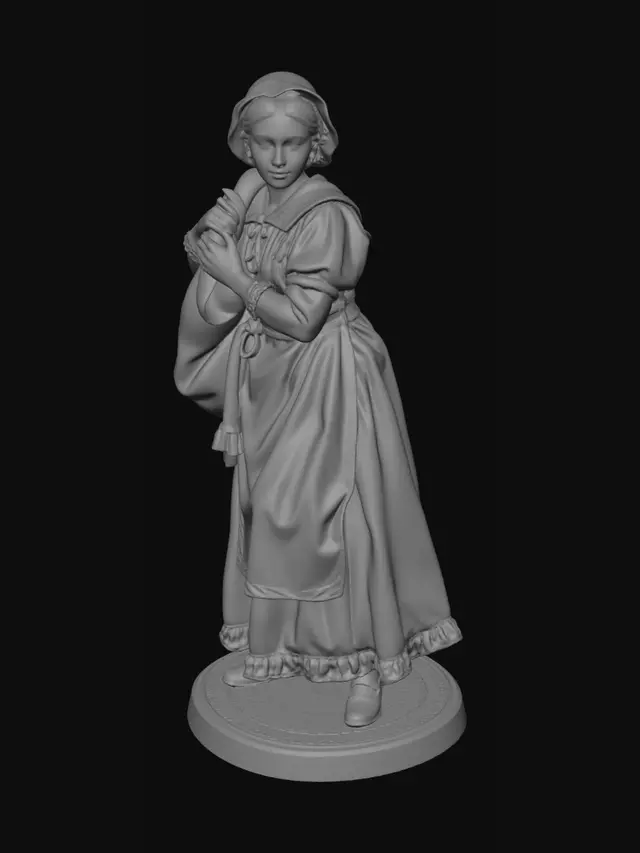 3D model for Crée une figurine tabletop en 28mm représentant une lavandiére à l'époque de Napoleon. Elle un sac de provision et marche regardant droit devant. Elle porte un chapeau.