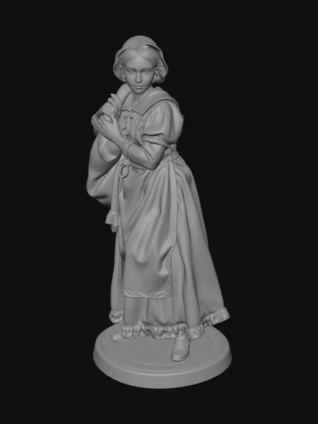 3D model for Crée une figurine tabletop en 28mm représentant une lavandiére à l'époque de Napoleon. Elle un sac de provision et marche regardant droit devant. Elle porte un chapeau.