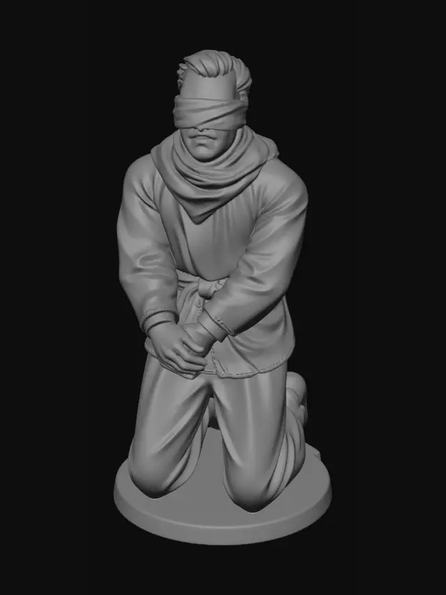 3D model for Crée une figurine tabletop en 28mm représentant un otage en Iran à l'époque actuelle. Cet otage a un bandeau sur les yeux lui cachant la vue et les mains jointes et attchées devant lui. Il se tient sur ses genoux, en position statique. Il est habllé de manière européenne.