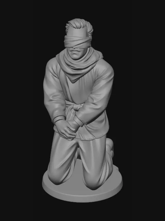 3D model for Crée une figurine tabletop en 28mm représentant un otage en Iran à l'époque actuelle. Cet otage a un bandeau sur les yeux lui cachant la vue et les mains jointes et attchées devant lui. Il se tient sur ses genoux, en position statique. Il est habllé de manière européenne.