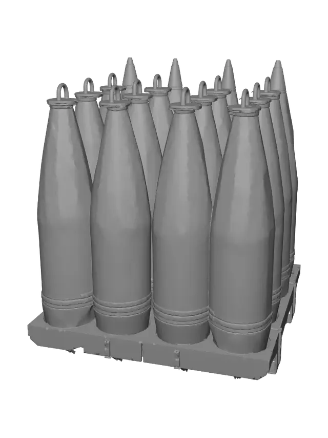 3D model for 155mm TNT artillery projectiles on a pallet in the snow