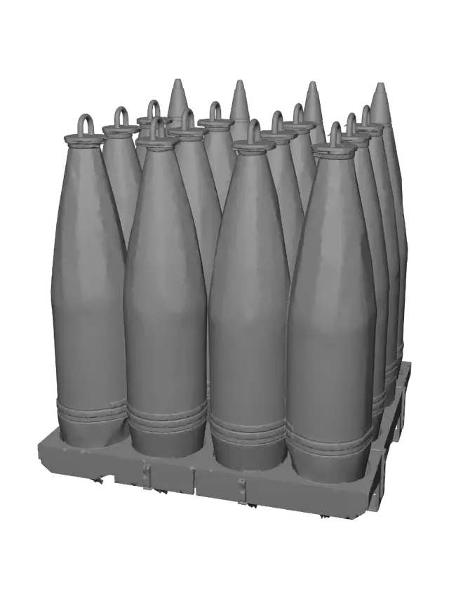 3D model for 155mm TNT artillery projectiles on a pallet in the snow