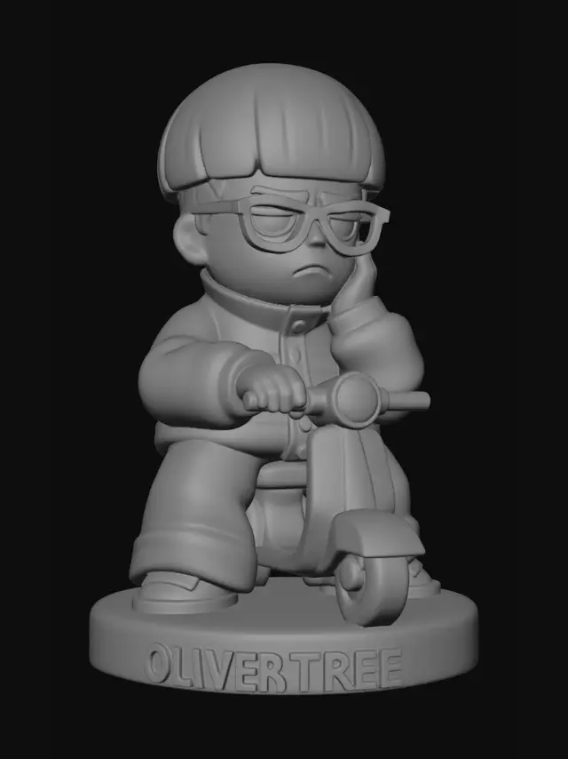 3D model for Un tributo stilizzato a Oliver Tree, robusto e facile da stampare in 3D, senza essere becero. La statuetta lo ritrae con il suo iconico caschetto a scodella e occhiali spessi, la cui espressione è caratteristica, pensierosa ma riconoscibile. Indossa abiti larghi e le sue mani poggiano su un monopattino dalle forme semplificate. Le superfici sono lisce, le forme compatte e i dettagli puliti sono ottimizzati per una stampa 3D agevole, onorando l'artista con un design rispettoso e iconico.