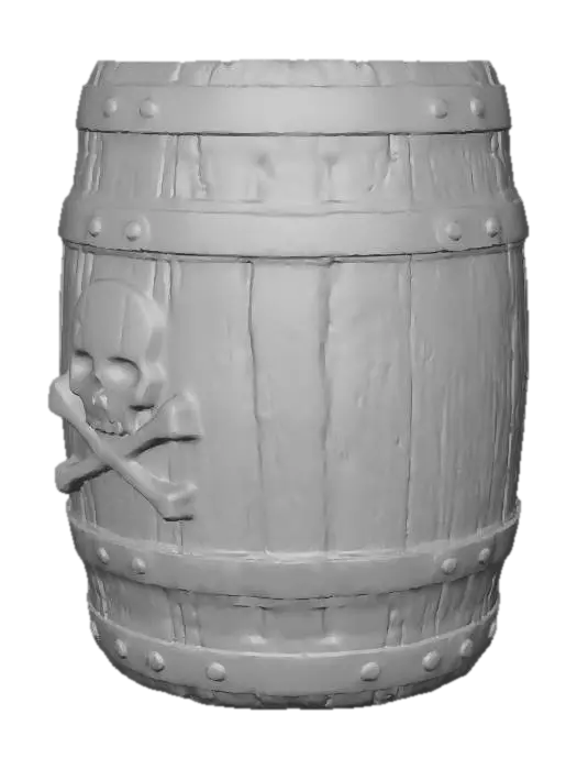 3D model for Ein altes Rumfass, das als Gefäß benutzt werden kann und daher innen hohl ist. Auf der Außenseite vom Fass befindet sich ein Piraten Emblem. Das Fass ist aus altem braunem Holz. Einfache Konturen ermöglichen einen leichten Druck.