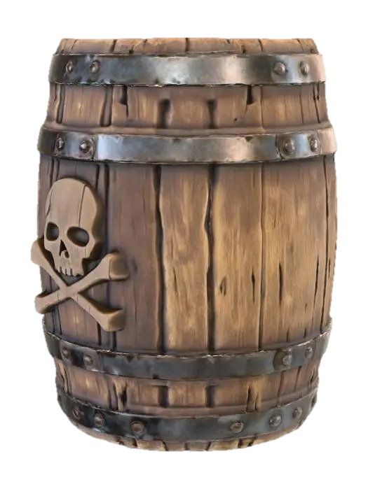 3D model for Ein altes Rumfass, das als Gefäß benutzt werden kann und daher innen hohl ist. Auf der Außenseite vom Fass befindet sich ein Piraten Emblem. Das Fass ist aus altem braunem Holz. Einfache Konturen ermöglichen einen leichten Druck.