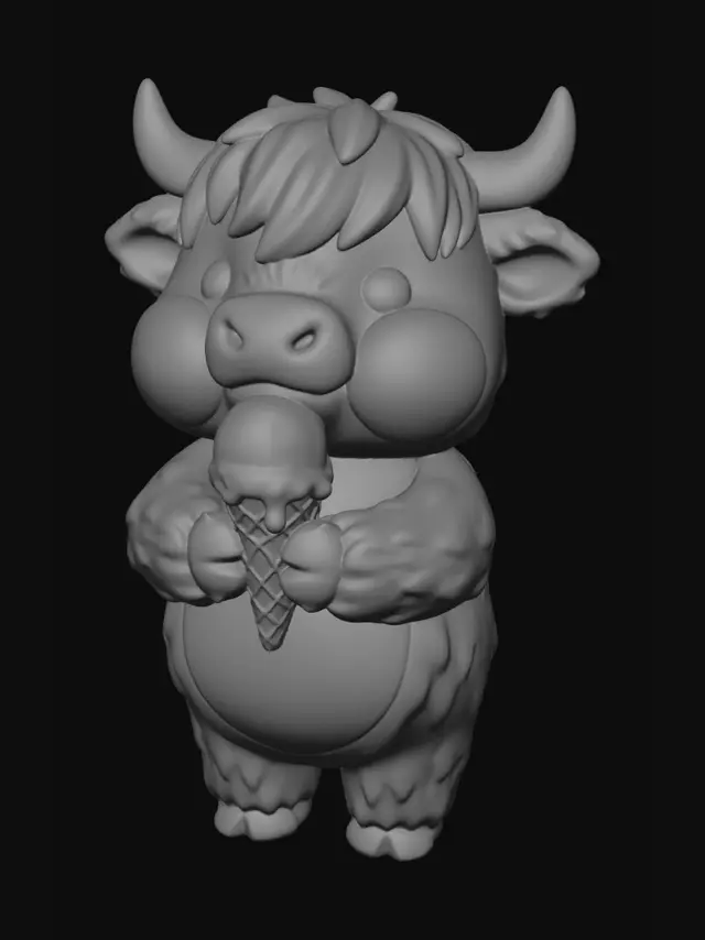 3D model for Ein niedliches Baby Hochlandrind, ein Eis in den Händen haltend. Die Figur ist detailliert und dennoch sehr leicht druckbar.