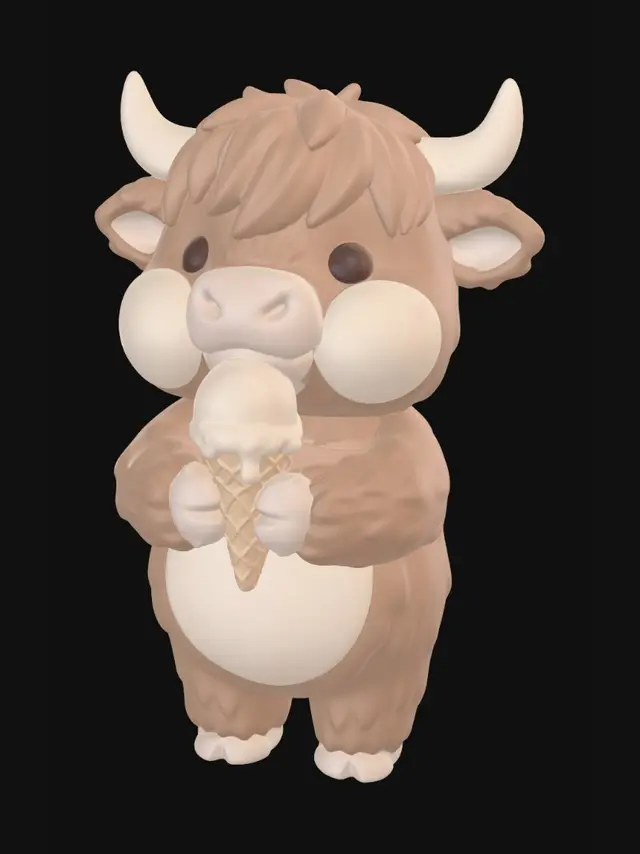3D model for Ein niedliches Baby Hochlandrind, ein Eis in den Händen haltend. Die Figur ist detailliert und dennoch sehr leicht druckbar.