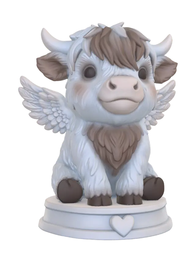 3D model for Ein niedliches Baby Hochlandrind als Schutzengel Figur. Mit Flügeln aber ohne Heiligenschein. Die Figur ist detailliert und dennoch sehr leicht druckbar.