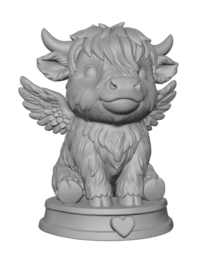 3D model for Ein niedliches Baby Hochlandrind als Schutzengel Figur. Mit Flügeln aber ohne Heiligenschein. Die Figur ist detailliert und dennoch sehr leicht druckbar.