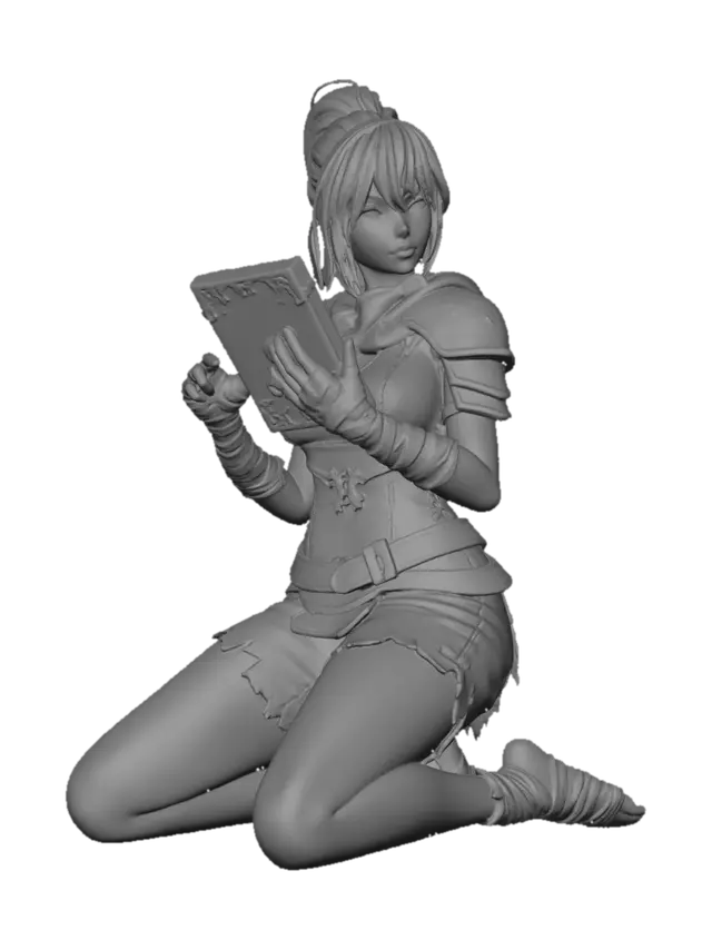 3D model for anime style, female character, high ponytail with white ribbon, looking back at the viewer, playful tongue-out expression, black cropped top, pink athletic shorts, barefoot, kneeling pose, taking a selfie with an orange phone, back view, solid yellow background, clean cel art style, sharp line art, bright colors, high quality, detailed, 8K