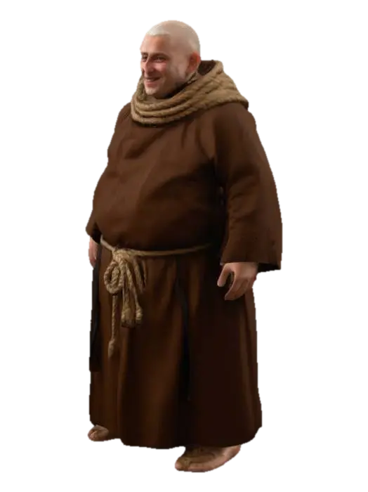 Realistic potbellied Benedictine monk, brown monk's robes, tonzura on head, shaved… 3D model, vytvořený pomocí AI