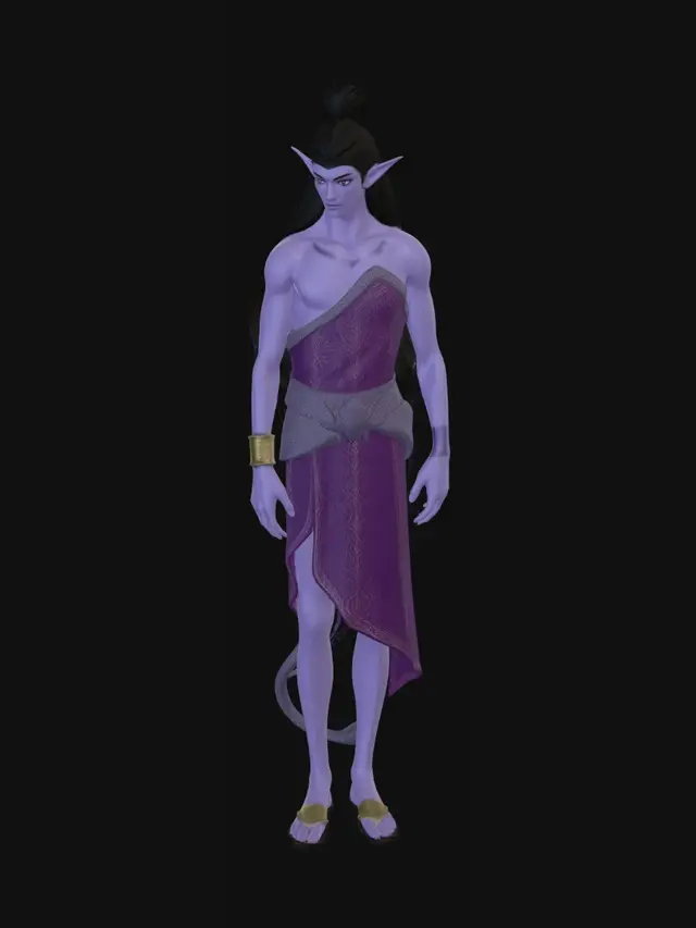 3D model for Grand elfe a la peau violette avec une  queue de lion avec une touffe de poil  noir à son bout et de long cheveux noir.il habiller avec de grande toge.