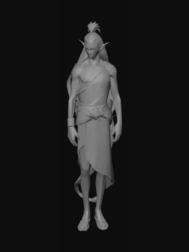 3D model for Grand elfe a la peau violette avec une  queue de lion avec une touffe de poil  noir à son bout et de long cheveux noir.il habiller avec de grande toge.
