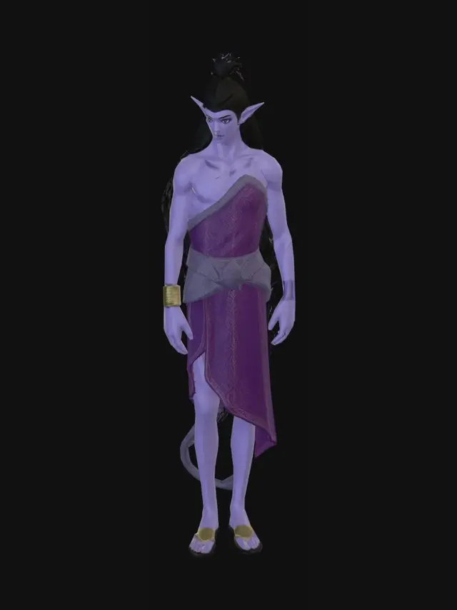 3D model for Grand elfe a la peau violette avec une  queue de lion avec une touffe de poil  noir à son bout et de long cheveux noir.il habiller avec de grande toge.