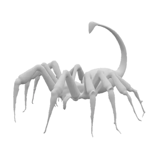 3D model for cyberpunk style spider with black body, and red accent with small head and big tail with long legs with yellow tips