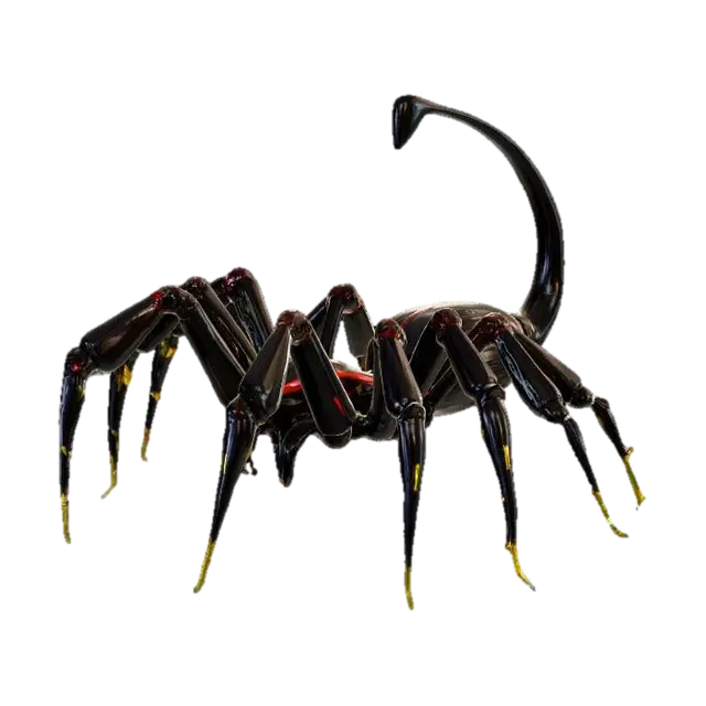 3D model for cyberpunk style spider with black body, and red accent with small head and big tail with long legs with yellow tips