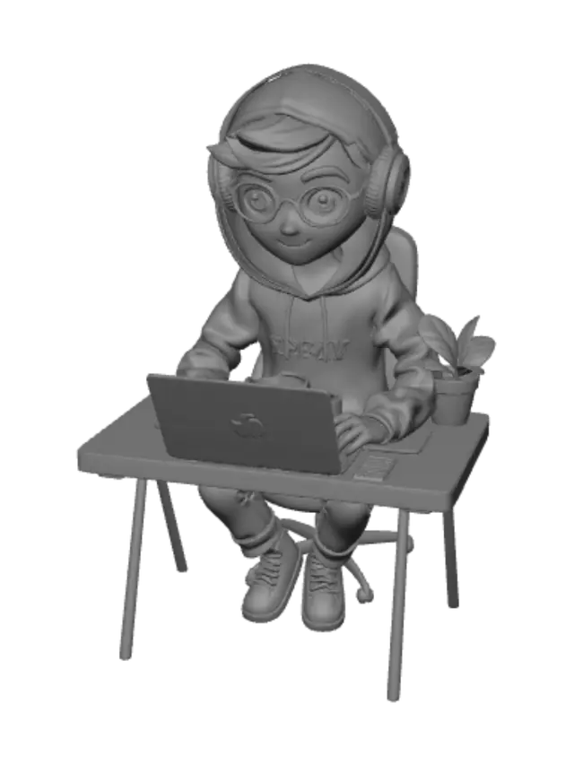 3D model for Cute chibi developer character sitting at a desk, isometric diorama, cool hoodie hacker: young male programmer wearing a dark hooded jacket with subtle neon-cyan accents, black over-ear headphones around neck, short messy dark hair, big friendly stylized eyes, seated on a gaming chair. In front of him a glowing open laptop emitting soft cyan screen light, small desk with a coffee mug, a tiny potted plant, and a floating holographic blockchain cube above the laptop. Clean stylized 3D game art, soft rounded shapes, smooth matte surfaces, warm-to-cyan neon lighting, dark moody background, Blender Eevee style, high quality, cohesive color palette of charcoal, cyan and magenta. Full diorama on a small square base.