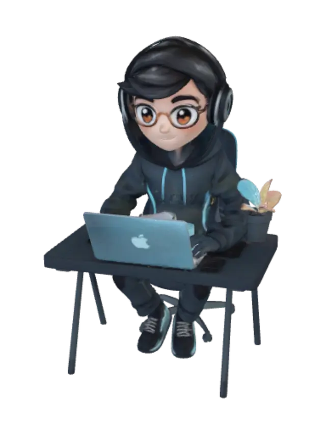 3D model for Cute chibi developer character sitting at a desk, isometric diorama, cool hoodie hacker: young male programmer wearing a dark hooded jacket with subtle neon-cyan accents, black over-ear headphones around neck, short messy dark hair, big friendly stylized eyes, seated on a gaming chair. In front of him a glowing open laptop emitting soft cyan screen light, small desk with a coffee mug, a tiny potted plant, and a floating holographic blockchain cube above the laptop. Clean stylized 3D game art, soft rounded shapes, smooth matte surfaces, warm-to-cyan neon lighting, dark moody background, Blender Eevee style, high quality, cohesive color palette of charcoal, cyan and magenta. Full diorama on a small square base.