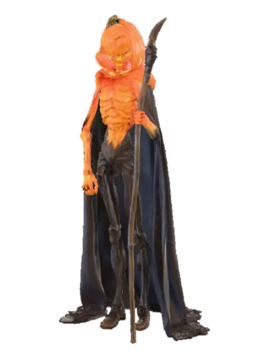 JACK O'LANTERN in a Tim Burton' style, fire in his pumpkin head, long scythe on his… - Caped 3D model, vytvořený pomocí AI