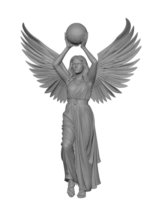 3D model for Nike the goddess of victory, with her wings on her back of shimmering gold spread out wide, holding a soccer ball with both hands over her head, while she is looking up to the sky, While Ascending on some stone clean cut steps, her sink is beautifully pale peach her hair light brown, with a gold circlet, She has a flowing white Greek robe with a red belt.  and black Greek sandal's