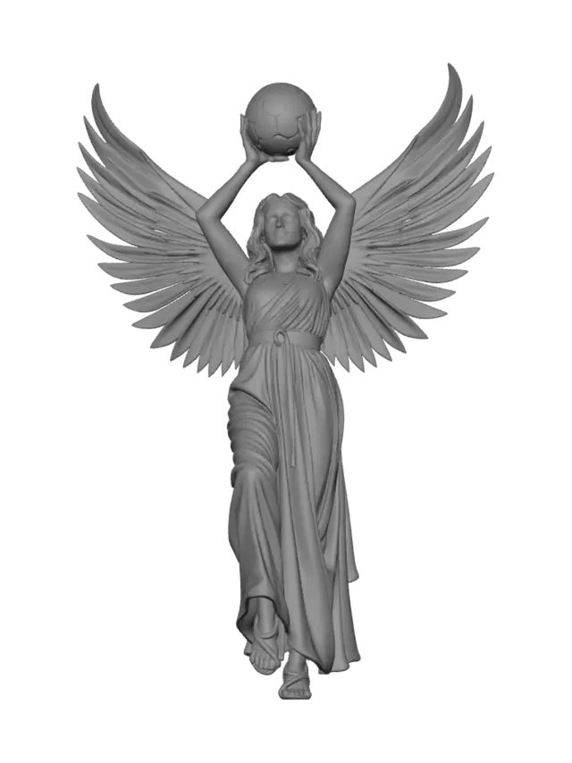 3D model for Nike the goddess of victory, with her wings on her back of shimmering gold spread out wide, holding a soccer ball with both hands over her head, while she is looking up to the sky, While Ascending on some stone clean cut steps, her sink is beautifully pale peach her hair light brown, with a gold circlet, She has a flowing white Greek robe with a red belt.  and black Greek sandal's