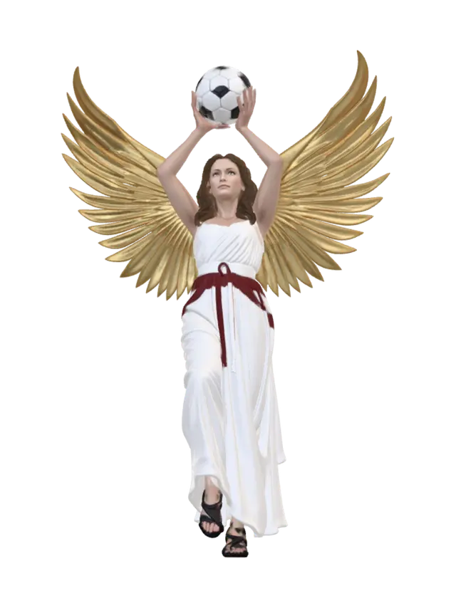 3D model for Nike the goddess of victory, with her wings on her back of shimmering gold spread out wide, holding a soccer ball with both hands over her head, while she is looking up to the sky, While Ascending on some stone clean cut steps, her sink is beautifully pale peach her hair light brown, with a gold circlet, She has a flowing white Greek robe with a red belt.  and black Greek sandal's
