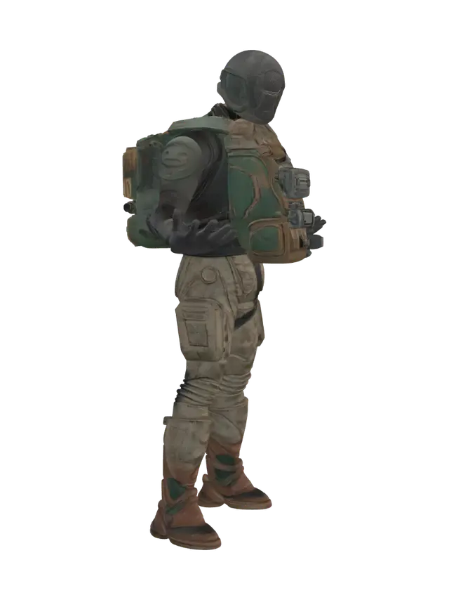 3D model for A Man with a large futuristic gasmask, a massive oversized rucksack, with a large belt with walkman stereo on it, the ruck sack has odd tools and futuristic greeblies on it, and many different tools and attachements for collecting and surveying