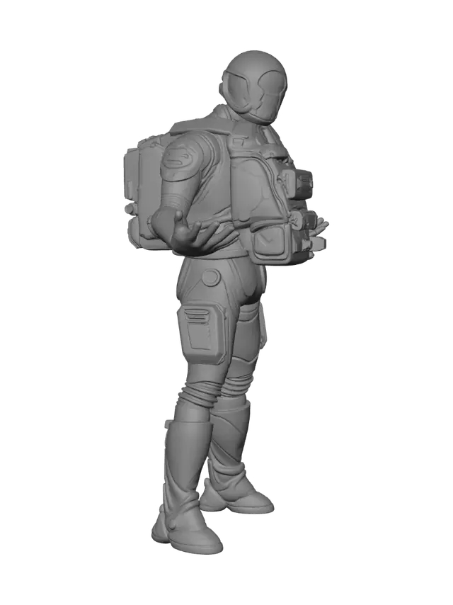 3D model for A Man with a large futuristic gasmask, a massive oversized rucksack, with a large belt with walkman stereo on it, the ruck sack has odd tools and futuristic greeblies on it, and many different tools and attachements for collecting and surveying