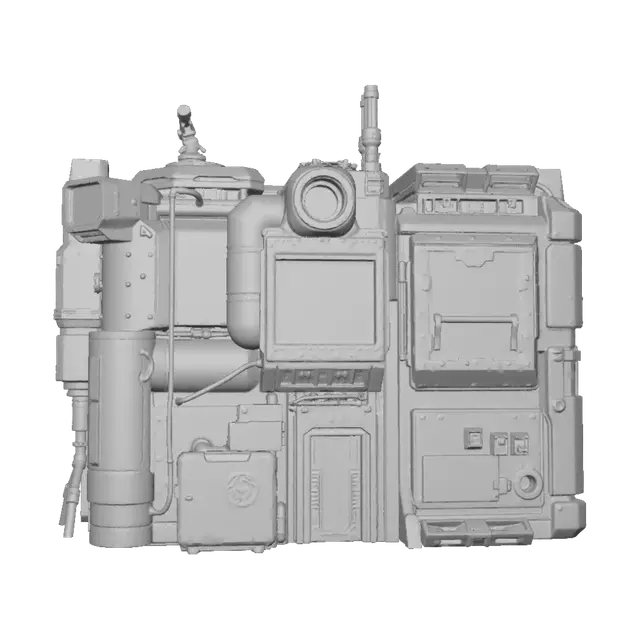 3D model for Stylized 3D sci-fi military HQ for an RTS game. Helix faction: organized, industrial, authoritarian and highly functional. Large low-profile modular command complex made of dark gunmetal and weathered steel. Heavy armored walls, reinforced corners, vents, pipes, cables and mechanical panels. A slightly raised central command module with antennas and communication equipment. Subtle cyan emissive strips and small cyan lights as Helix signature, never excessive neon. Brutalist, angular, believable military architecture for a harsh desert planet. Strong recognizable silhouette from an elevated orthographic RTS camera. Clean hard-surface game asset. No characters, vehicles, terrain, text or logos.