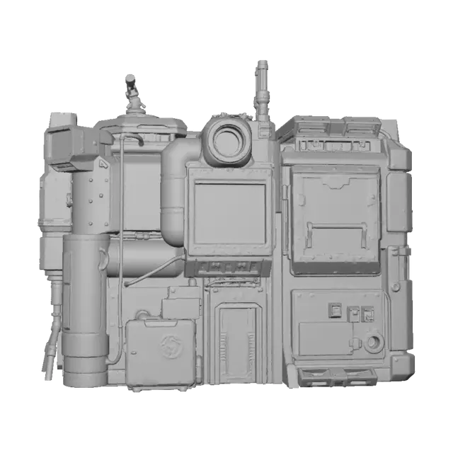 3D model for Stylized 3D sci-fi military HQ for an RTS game. Helix faction: organized, industrial, authoritarian and highly functional. Large low-profile modular command complex made of dark gunmetal and weathered steel. Heavy armored walls, reinforced corners, vents, pipes, cables and mechanical panels. A slightly raised central command module with antennas and communication equipment. Subtle cyan emissive strips and small cyan lights as Helix signature, never excessive neon. Brutalist, angular, believable military architecture for a harsh desert planet. Strong recognizable silhouette from an elevated orthographic RTS camera. Clean hard-surface game asset. No characters, vehicles, terrain, text or logos.