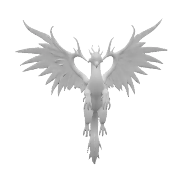 3D model for An ethereal creature, a fusion of dragon and phoenix, possesses a sleek, serpentine body with iridescent scales that shimmer with divine colors, shifting through opalescent whites, golds, and deep cerulean blues. Its majestic wings, vast and feathered, unfurl with an angelic grace, feeling like soft light. Horns like polished crystal crown its noble head, while a long, flowing tail, tipped with vibrant plumage, trails behind it, imbued with a soft, radiant glow.