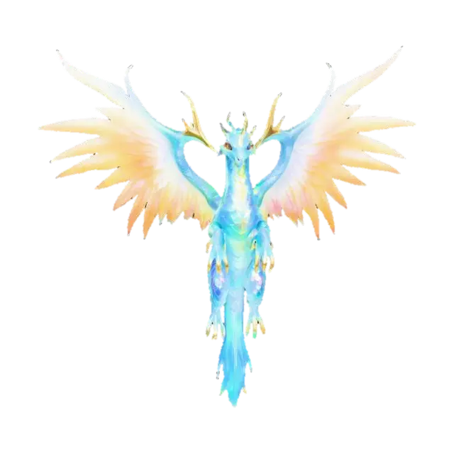 3D model for An ethereal creature, a fusion of dragon and phoenix, possesses a sleek, serpentine body with iridescent scales that shimmer with divine colors, shifting through opalescent whites, golds, and deep cerulean blues. Its majestic wings, vast and feathered, unfurl with an angelic grace, feeling like soft light. Horns like polished crystal crown its noble head, while a long, flowing tail, tipped with vibrant plumage, trails behind it, imbued with a soft, radiant glow.