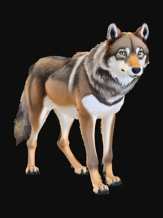 3D model for A highly realistic grey wolf 3D model, meticulously detailed to resemble photogrammetry. Its dense fur features varying shades of grey and brown, showcasing individual strands and natural texture. The powerful canine physique exhibits taut muscles and defined bone structure, captured in a watchful, neutral stance. Its keen eyes and lifelike realism convey authentic wild character.