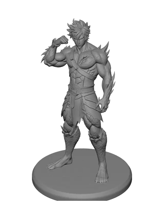 3D model for un guerrero mediaval mitad humano y mitad dragon con unas alas de angel y un cabello largo blanco unos ojos rojos oscuros