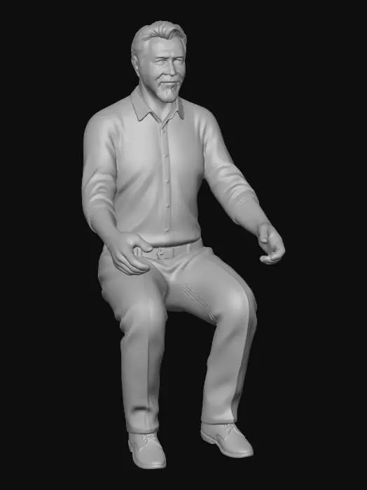 3D model for A high-quality 3D character model of a middle-aged Caucasian man with short, neat salt-and-pepper hair. He is wearing a light blue button-down shirt with rolled-up sleeves and dark grey trousers with a black belt. Professional 3D asset, clean topology, PBR textures, photorealistic style, 4k resolution, ready for game engine.
