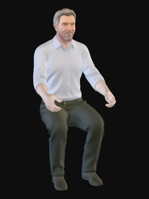 3D model for A high-quality 3D character model of a middle-aged Caucasian man with short, neat salt-and-pepper hair. He is wearing a light blue button-down shirt with rolled-up sleeves and dark grey trousers with a black belt. Professional 3D asset, clean topology, PBR textures, photorealistic style, 4k resolution, ready for game engine.
