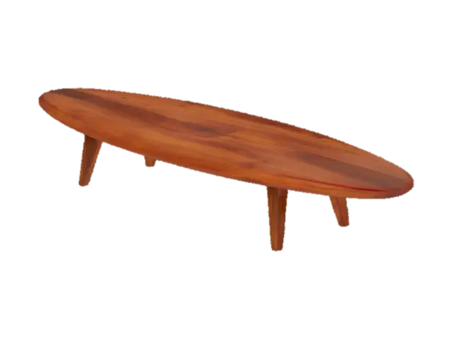 an ultra realistic 1970s retro coffee table shaped like a surf board but made out of… 3D model, vytvořený pomocí AI
