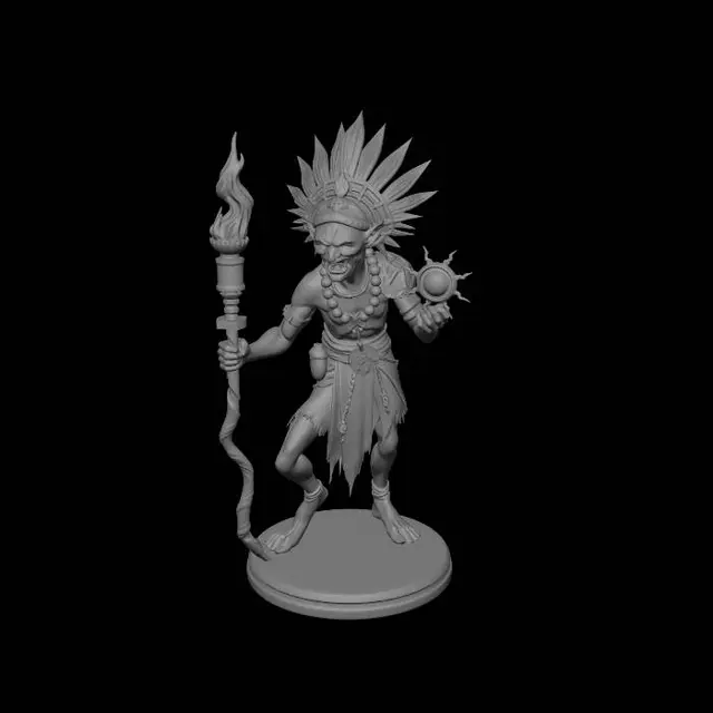 3D model for Create a highly detailed 28–32mm scale fantasy miniature of a Goblin aztec Flame-Sun Shaman for a tribal skirmish wargame.
The character should feel dangerous, mystical, wiry, and slightly feral — a cunning desert/fire prophet rather than a brute warrior.
Small goblin physique: hunched posture, thin limbs, oversized ears, sharp teeth, long fingers
Expressive face with fanatic devotion to fire and the sun
Dynamic pose as if invoking flames or calling down solar power
One hand raised channeling magical fire
The other holding a crooked ceremonial staff topped with:
sun totems