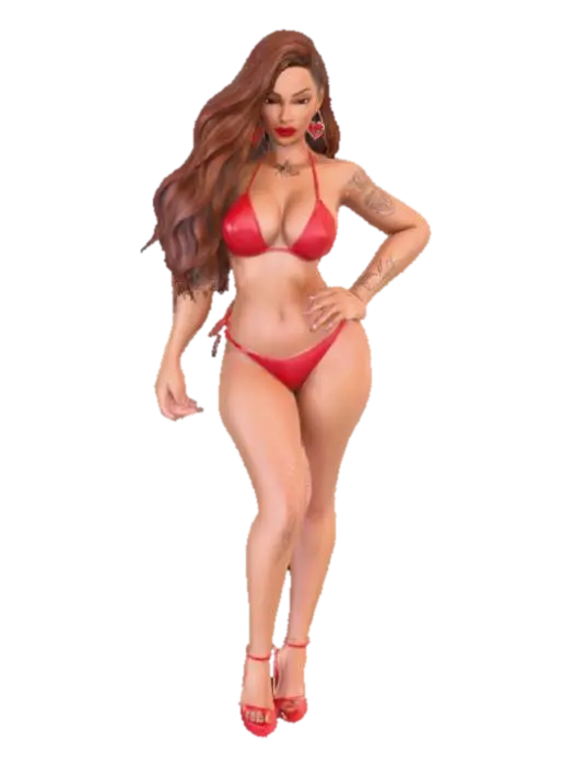 3D model for A 3D rendering of a confident, voluptuous Puerto Rican female character with long flowing brown hair and radiant skin. She wears a stylish two-piece red bikini and elegant red high-heel stilettos, paired with bold red lipstick for a striking look. A small red heart tattoo with the name “Ali” in the center is placed on her left upper breast, adding a personal detail. Her stance is confident, conveying power and allure. The character’s skin, fabric, tattoo ink, and accessories are enhanced with #PBR# texturing for realistic highlights, shadows, and reflective surfaces. Cinematic studio lighting emphasizes curves, shine, and natural detail. 