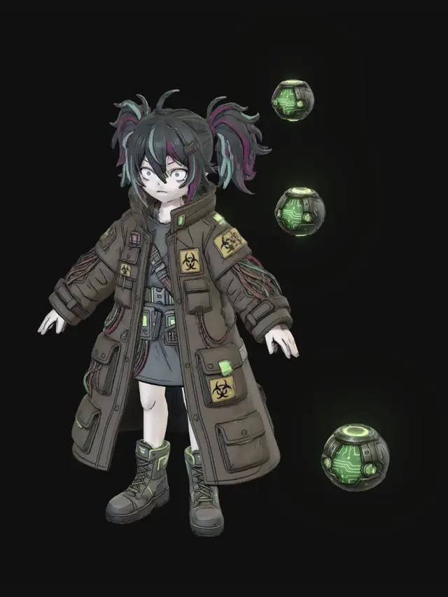 3D model for Create a chibi stylized concept art of a 2D anime character, with a head slightly larger than the rest of the body (slightly chibi), but maintaining a body and limbs with agility for fighting and quick movements. Jane, a cold and lethal female cyberpunk samurai assassin. Limbus Company art style, slightly larger head. Wearing a black reflective vinyl tactical suit with asymmetrical steel zippers. She has silver mirrored lenses implanted directly over her eyes, hiding her emotions. Holding a futuristic monofilament katana that emits a vibrant yellow glow. Dystopian cyberpunk aesthetic. Clean light gray background, full body character design sheet, clear A-pose, flat lighting for 3D modeling reference.