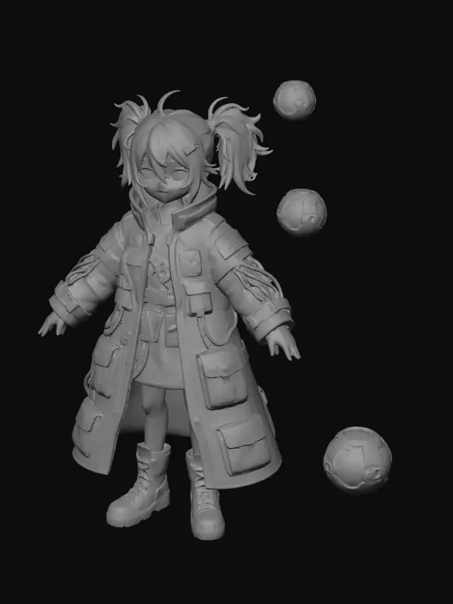 3D model for Create a chibi stylized concept art of a 2D anime character, with a head slightly larger than the rest of the body (slightly chibi), but maintaining a body and limbs with agility for fighting and quick movements. Jane, a cold and lethal female cyberpunk samurai assassin. Limbus Company art style, slightly larger head. Wearing a black reflective vinyl tactical suit with asymmetrical steel zippers. She has silver mirrored lenses implanted directly over her eyes, hiding her emotions. Holding a futuristic monofilament katana that emits a vibrant yellow glow. Dystopian cyberpunk aesthetic. Clean light gray background, full body character design sheet, clear A-pose, flat lighting for 3D modeling reference.