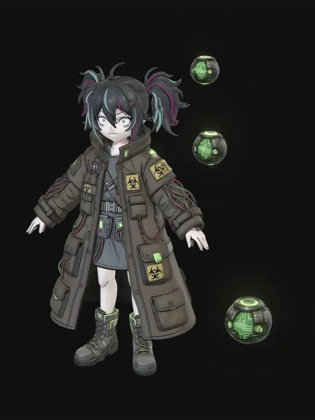 3D model for Create a chibi stylized concept art of a 2D anime character, with a head slightly larger than the rest of the body (slightly chibi), but maintaining a body and limbs with agility for fighting and quick movements. Jane, a cold and lethal female cyberpunk samurai assassin. Limbus Company art style, slightly larger head. Wearing a black reflective vinyl tactical suit with asymmetrical steel zippers. She has silver mirrored lenses implanted directly over her eyes, hiding her emotions. Holding a futuristic monofilament katana that emits a vibrant yellow glow. Dystopian cyberpunk aesthetic. Clean light gray background, full body character design sheet, clear A-pose, flat lighting for 3D modeling reference.