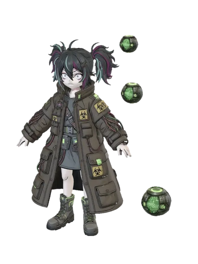 Create a chibi stylized concept art of a 2D anime character, with a head slightly larger… 3D model, vytvořený pomocí AI