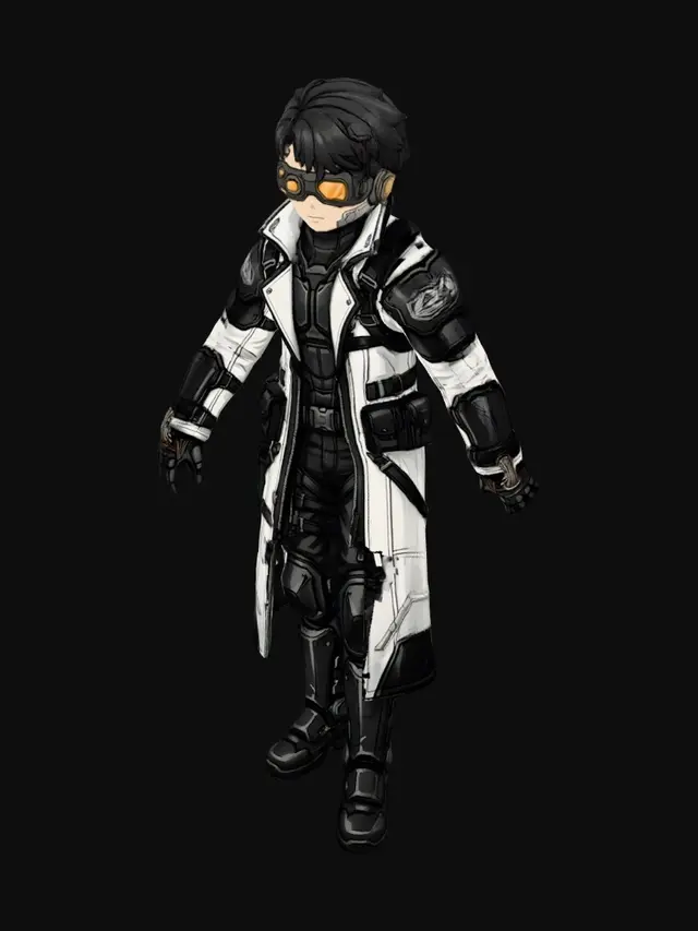 3D model for Create a chibi stylized concept art of a 2D anime character, with a head slightly larger than the rest of the body (slightly chibi), but maintaining a body and limbs with agility for fighting and quick movements. Jane, a cold and lethal female cyberpunk samurai assassin. Limbus Company art style, slightly larger head. Wearing a black reflective vinyl tactical suit with asymmetrical steel zippers. She has silver mirrored lenses implanted directly over her eyes, hiding her emotions. Holding a futuristic monofilament katana that emits a vibrant yellow glow. Dystopian cyberpunk aesthetic. Clean light gray background, full body character design sheet, clear A-pose, flat lighting for 3D modeling reference.