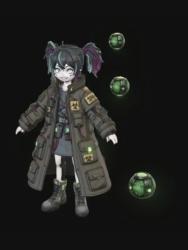 3D model for Create a chibi stylized concept art of a 2D anime character, with a head slightly larger than the rest of the body (slightly chibi), but maintaining a body and limbs with agility for fighting and quick movements. Jane, a cold and lethal female cyberpunk samurai assassin. Limbus Company art style, slightly larger head. Wearing a black reflective vinyl tactical suit with asymmetrical steel zippers. She has silver mirrored lenses implanted directly over her eyes, hiding her emotions. Holding a futuristic monofilament katana that emits a vibrant yellow glow. Dystopian cyberpunk aesthetic. Clean light gray background, full body character design sheet, clear A-pose, flat lighting for 3D modeling reference.