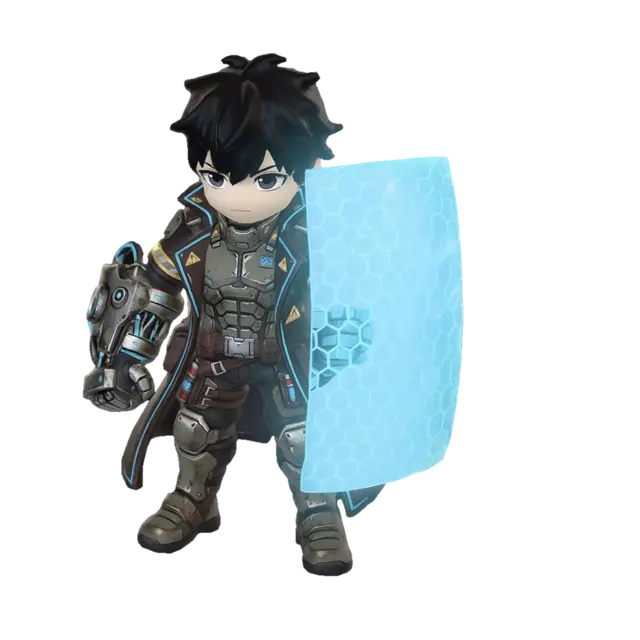 Create a stylized concept art of a 2D anime character, with a head slightly… - Gauntlets 3D model, vytvořený pomocí AI