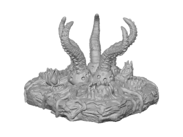 3D model for Create a high-detail 3D printable terrain piece in the style of an eldritch, organic growth bursting from the ground. The model should feature:
	•	irregular organic base covered with stretched, melted, root-like textures and corrupted ground.
	•	No five large tentacles emerging from deep cyst-like openings. Tentacles should be ribbed, curved, muscular, and asymmetrical, with smooth but grotesque surface detail.
	•	Multiple organic pits and orifices, some with tooth-ringed mouths or fleshy protrusions, integrated into the sides of the structure.
	•	A surface texture resembling mutated diseased chitin, with layered organic ridges, cracks
	•	Ensure all details are crisp and printable without thin, unsupported elements.”