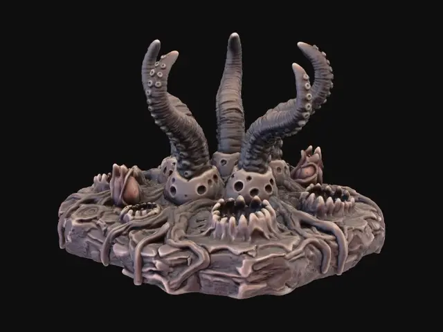 3D model for Create a high-detail 3D printable terrain piece in the style of an eldritch, organic growth bursting from the ground. The model should feature:
• irregular organic base covered with stretched, melted, root-like textures and corrupted ground.
• No five large tentacles emerging from deep cyst-like openings. Tentacles should be ribbed, curved, muscular, and asymmetrical, with smooth but grotesque surface detail.
• Multiple organic pits and orifices, some with tooth-ringed mouths or fleshy protrusions, integrated into the sides of the structure.
• A surface texture resembling mutated diseased chitin, with layered organic ridges, cracks
• Ensure all details are crisp and printable without thin, unsupported elements.”